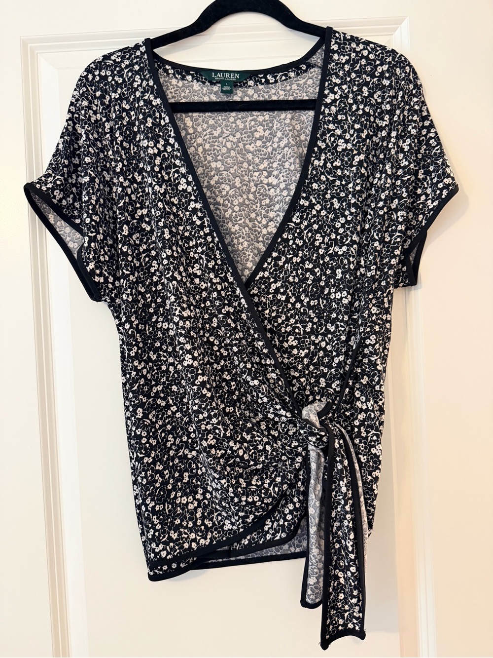 Lauren Ralph Lauren Black and White Floral Tie-Side Wrap Top